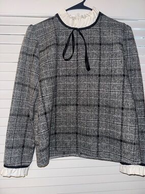 Plaid Black & White Ruffled-Neck Women's Blouse